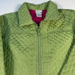 The Quaker Factory Silk Quilted Jacket Green Rhinestone‎ Embellished Zip Front
